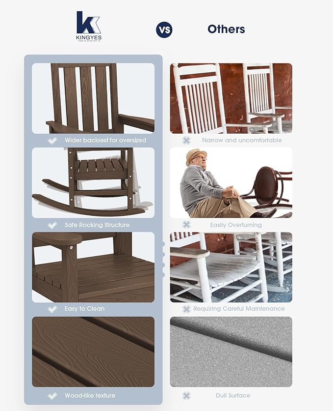 KINGYES Oversized Outdoor Rocking Chair Set of 2, All-Weather Patio Rocking Chairs for Porch, HDPE Outdoor Patio Rockers with High Back & Wide Seat for Garden, Lawn, Brown