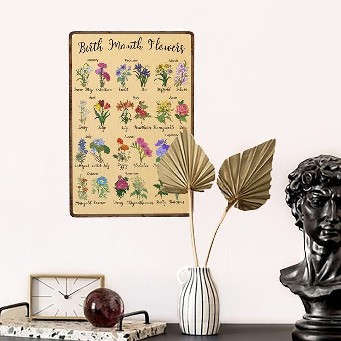 Birth Month Flower Garden Gifts Vintage Metal Tin Sign Retro Rustproof Funny Art Wall Decor Gift for Home Greenhouse Living Room Bedroom Yard Cottage Outdoor 8x12 Inch