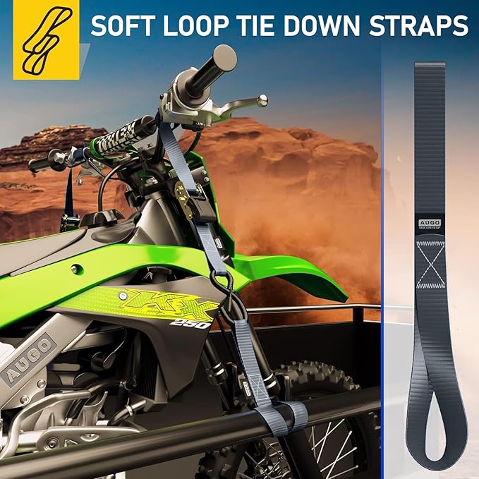 Soft Loop Tie Down Straps - 1,500 Load Capacity & 4,500 Lbs Breaking Strength - 6 Pack - Loops for Securing ATV, UTV, Motorcycles, Scooters, Dirt Bikes, Lawn & Garden Equipment - by AUGO