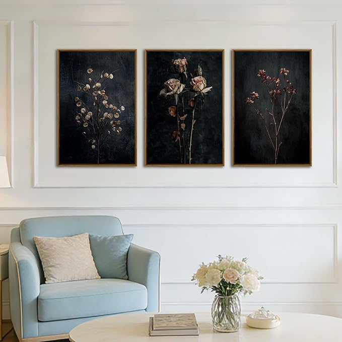 QTUSYUR Dark Dried Wildflower Wall Art - Large Farmed Floral Botanical Art Print - Farmhouse Flower Canvas Artwork for Bedroom Living Room- Modern Minimalist Wall Pictures for Home Decor 16”×24”×3