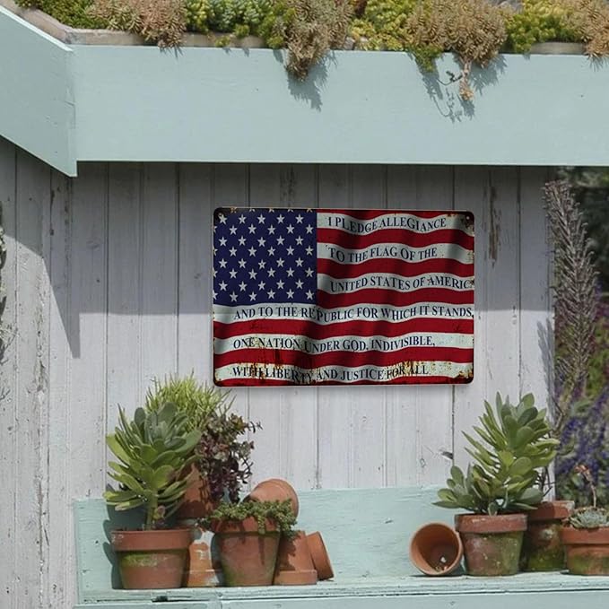 USA American Flag Vintage Metal Tin Sign Retro Rustproof Funny Art Wall Decor Gift Man Cave Bar US Pledge of Allegiance 8x12 Inch