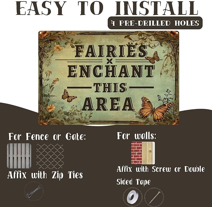 Vintage Garden Metal Tin Signs Butterfly Fairies Enchant This Area Funny Tin Sign Rustic Indoor Outdoor Wall Decor for Home Garden Yard Farmhouse Greenhouse Patio Porch Bar 12×16 Inch