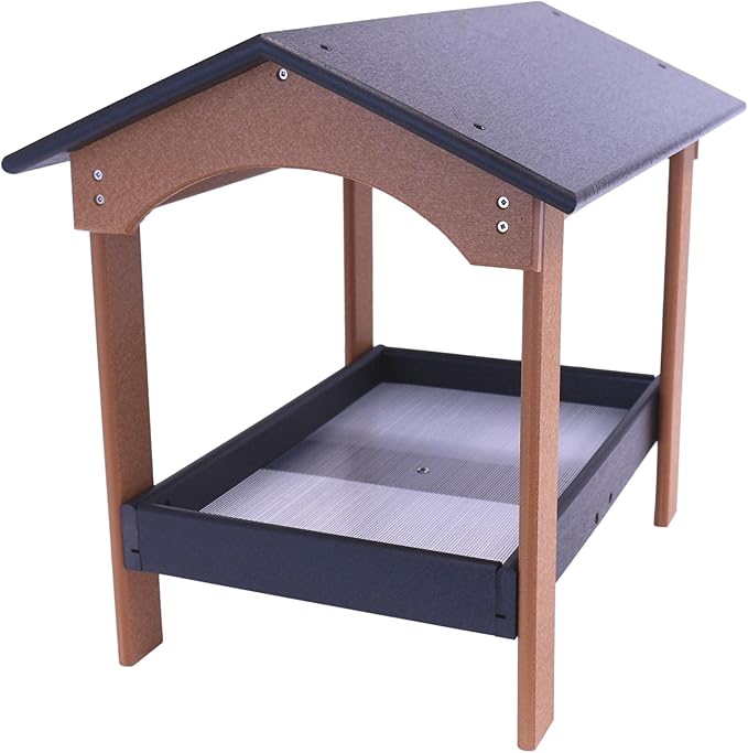 AmishToyBox.com Ground Bird Feeder, Deluxe Fly-Through Covered Feeder for Birds and Squirrels with Screen Mesh Tray (Black/Cedar)