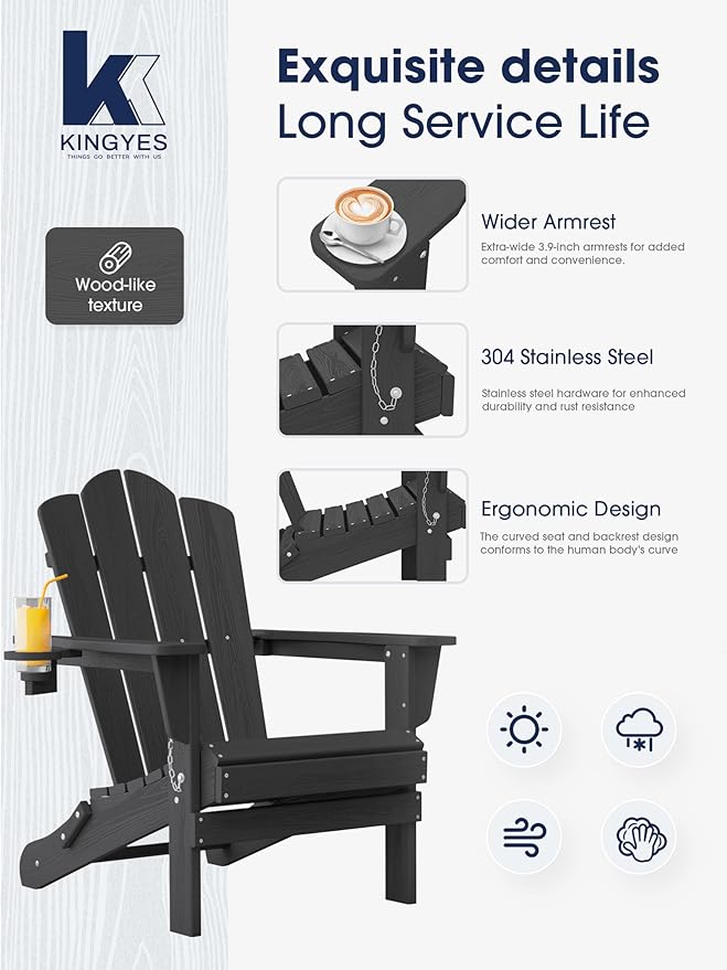 KINGYES Folding Adirondack Chair, HDPE All-Weather Patio Chairs with Cup Holder, Wooden Textured Fire Pit Chairs for Poolside, Backyard, Deck, Grey