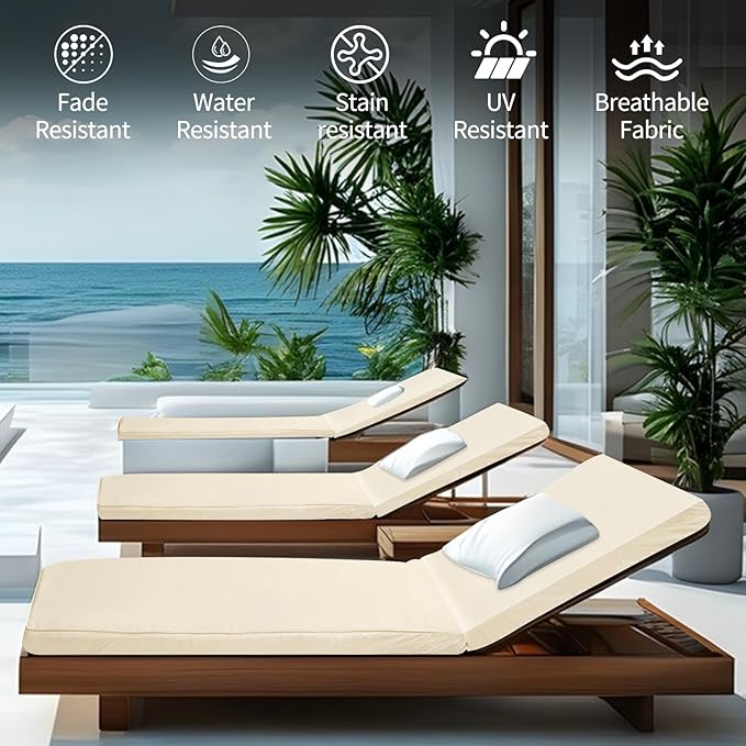 Outdoor Chaise Lounge Cushions for Patio, 71"x22"x3" Lounge Chair Cushions Set of 2, Waterproof Replacement Seat Cushions for Outdoor Furniture (Beige, 2 Pcs)