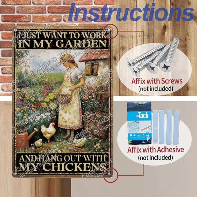 Funny Garden Sign – I Just Want to Work in My Garden and Hang Out with My Chickens | 12x8″ Vintage Metal Sign for Outdoor Decor - Gardening Gift for Women Chicken & Plant Lovers, 2486
