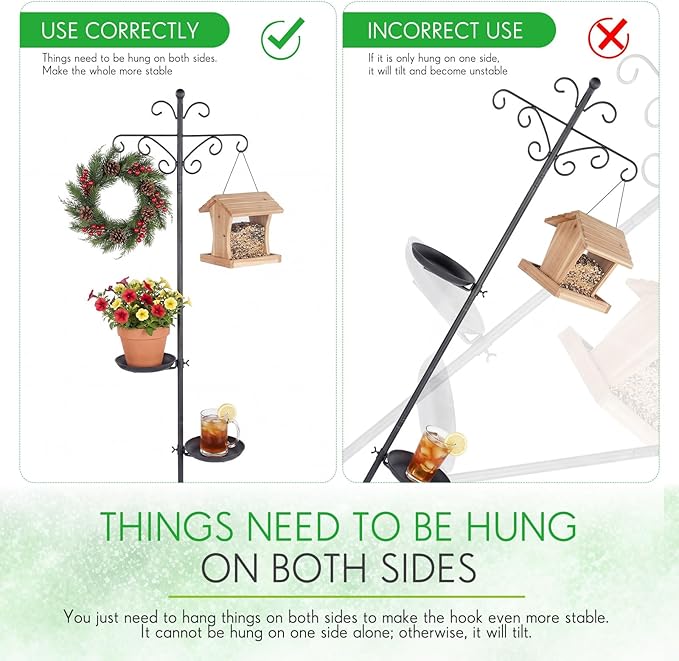 1 Set Upgraded 75.9" Shepherds Hook for Bird Feeder, Hanging Plant Wind Chime Stand, Metal Adjustable Standing Pole Holder for Indoor Outdoor, with 2 Rack & Weight Bag (Vintage 2 Hooks)