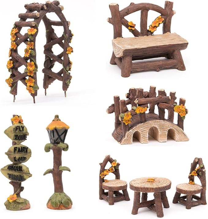 Fairy Garden Accessories, LATTOOK 8PCS Miniature Table and Chairs Set Fairy Garden Furniture Ornaments Kit for Home Outdoor Micro Landscape Decoration