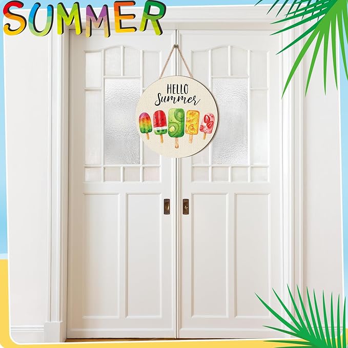 Chunful Hello Summer Door Decor Ice Cream Wreath Front Door Hanger Ice Lolly Farmhouse Summer Wooden Hanging Welcome Beach Wall Wreath Sign for Home Seasonal Holiday Porch Office Garden Office