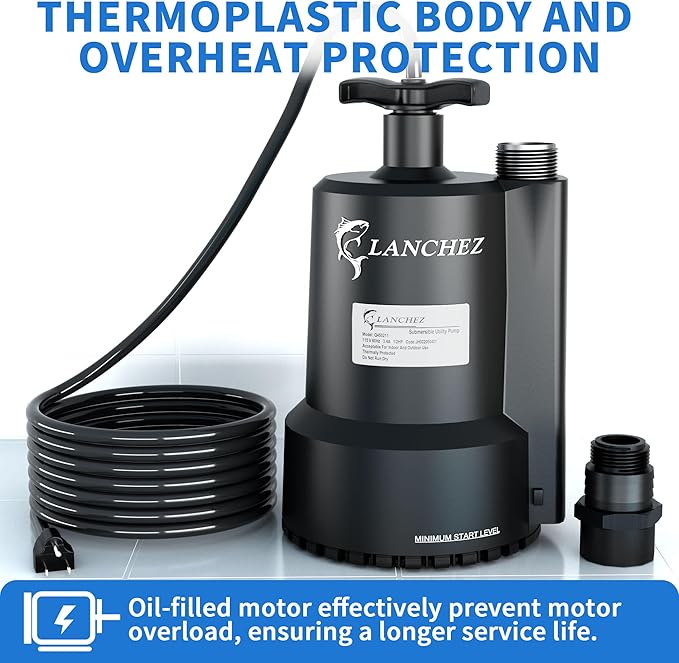 Lanchez Sump Pump, 1/2 HP 2450GPH Submersible Water Pump, Utility Pump Thermoplastic Portable Electric Transfer Pump for Hot Tub Swimming Pool Basement Garden Pond Tubs Draining with 10FT Cord