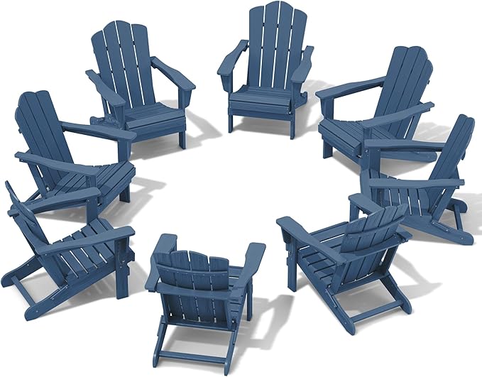 KINGYES Folding Adirondack Chair Set of 8, HDPE All-Weather Adirondack Chair, Navy