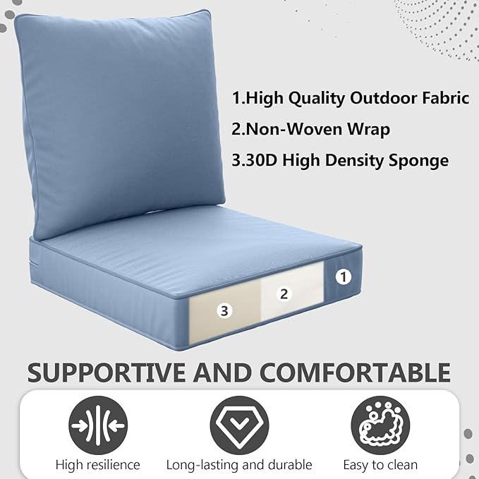 24" x 24" x 6" Outdoor Deep Seat Cushions Set - 2 Set Waterproof & Fade Resistant Patio Furniture Replacement Cushions, Non-Slip Outdoor Cushions Fit Loveseats, Couches, Chairs, and Sofas.