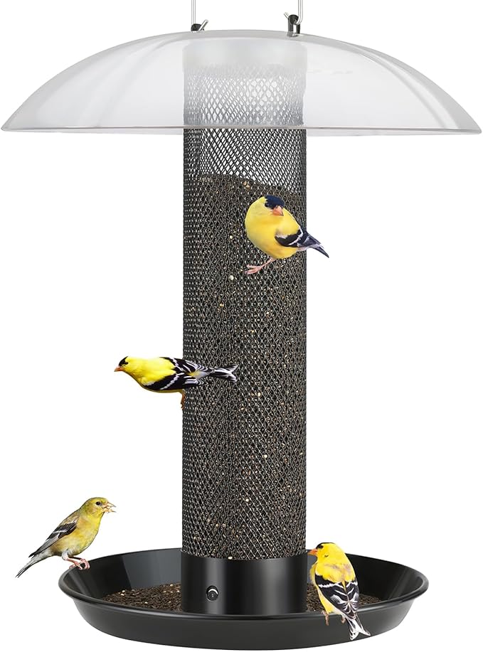Kingsyard Finch Bird Feeder for Outdoors Hanging, Metal Mesh Tube Bird Feeders for Thistle & Nyjer Seed, Large Removable Tray & Rainproof Dome, 2.5 lbs Seed Capacity, Black