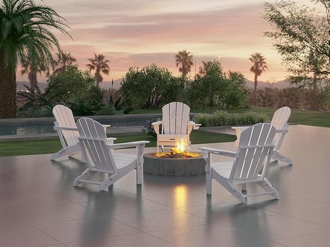 Ciokea Folding Adirondack Chair 2 Pack, Patio Adirondack Chair Weather Resistant, Plastic Fire Pit Chair with Cup Holder, Lawn Chair for Outdoor Porch Garden Backyard Deck (White)