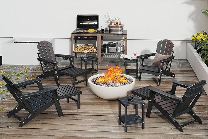 GREENVINES Adjustable Adirondack Chair with Retractable Ottoman Set of 4 | Folding | HDPE Plastic | Fire Pit Chairs w/Foot Rest | 2 Cup Holders | Black | for Outdoor Patio Poolside Deck