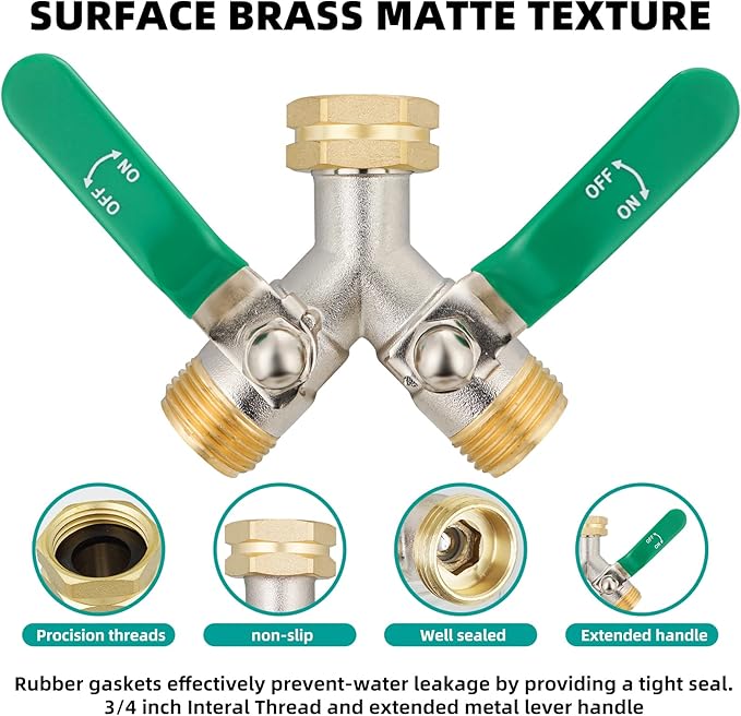 2 Way Hose Splitter, Brass High Flow Garden Hose Splitter Heavy Duty, Hose Connector, Water Spigot Splitter, Full Flow Faucet Splitter with shutoff, 3/4” GHT Inlet