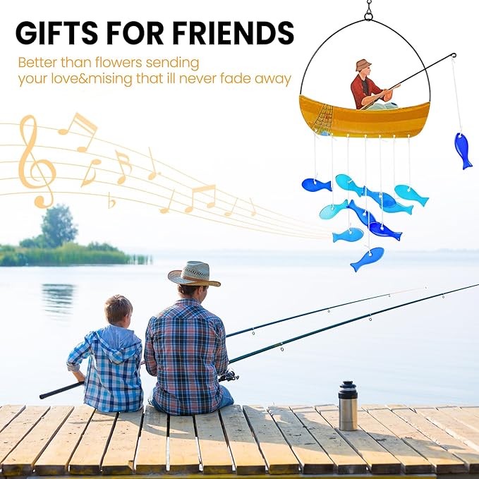 X-PREK 21" Fish Wind Chimes for Outside, Blue Sea Glass Wind Chimes Garden Decor, Windchimes Outdoors Suncatcher Gift for Women, Mom, Grandma, Unisex
