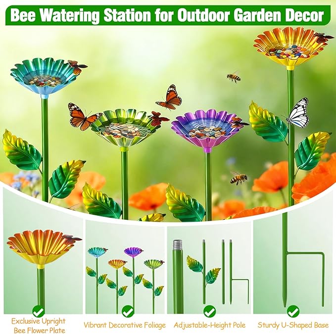 4 Pack Bee Watering Station, Metal Bee Water Station with Flower Design Colorful Butterfly Bath Bowl Drinking Feeder Cups for Outdoor Garden Yard Decor (Purple,Green,Blue,Yellow)