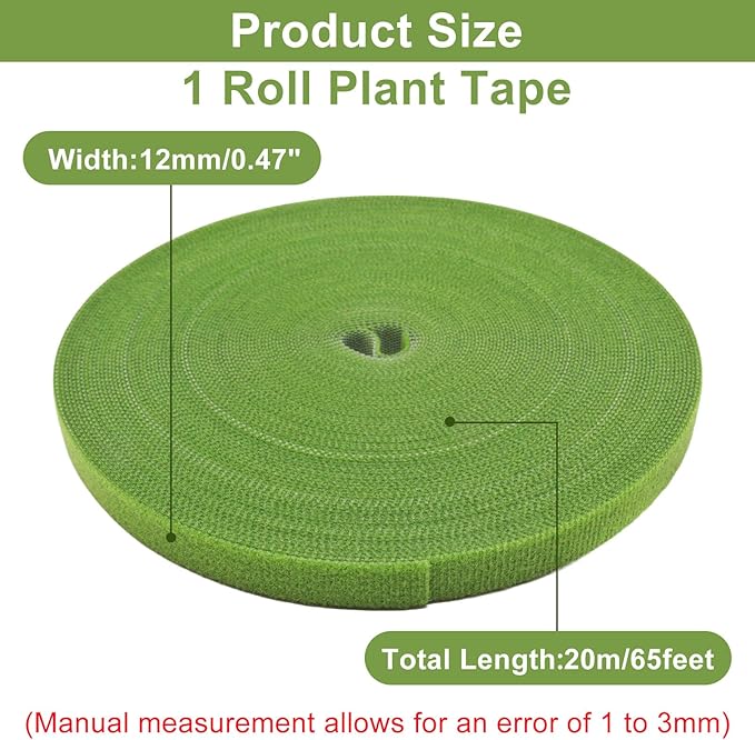 1 Roll 65 Feet/20M Plant Tape, Reusable Double-Sided Hook and Loop Tape, Width 12mm/0.47" Garden Tie for Climbing Plants Fastening Support, Cable Wire Management Strap (Green)