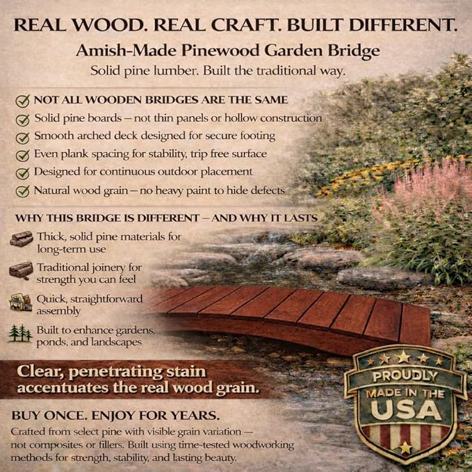 10 FT MAHOGANY Amish Made Pinewood Heavy Duty Garden Bridge for Walkway, Backyard Pond & Landscaping, Outdoor Wooden Footbridge for Koi Pond, Japanese Style Decorative Bridge, Made in USA