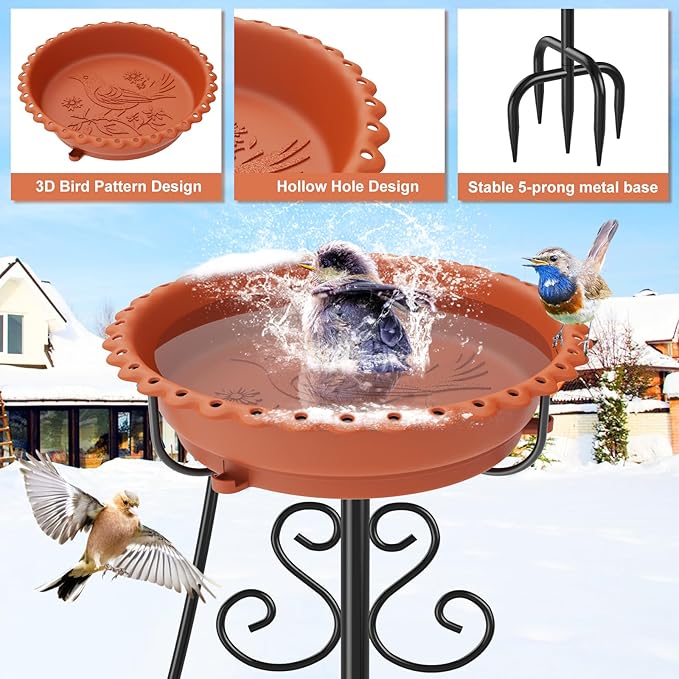 Heated Bird Baths for Outdoors,Upgraded 100W Thermostat Control Heated BirdBaths for Winter with Metal 5 Prong Base Heated Bird Bath for Outside Winter Garden Yard Patio Lawn (Brown)