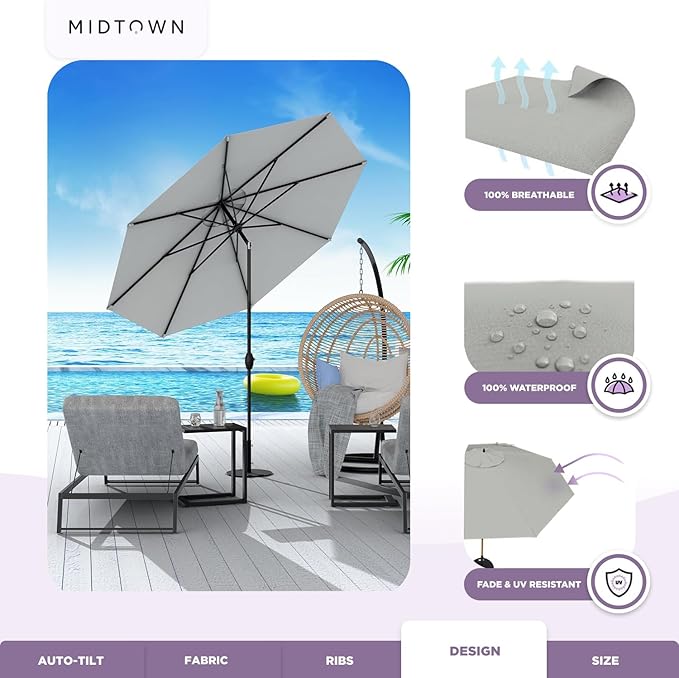 Midtown Umbrellas - 10-Year-No-Fade 8 Ft Patio Umbrella with Terylast Fabric, Auto-Tilt Aluminum Frame and 8 Reinforced Ribs for Deck, Pool, Garden & Beach - Matter Grey Canopy, Black Pole