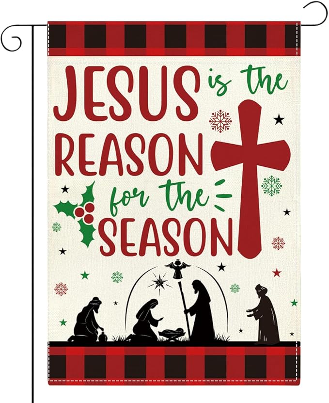 Jesus is the Reason for The Season Christmas Garden Flag Xmas Christian Nativity Winter Holiday Outside Outdoor Lawn Decorations Yard Flag Double Sided 12x18 Inch