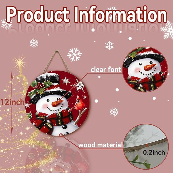 Snowman Xmas Door Sign Cardinal Snowflakes Door Hanger for Porch Wall Decor Winter Holiday Christma Outdoor Hanging Sign