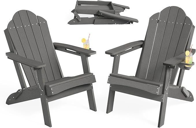 LUE BONA Folding Adirondack Chair, Chairs Set of 6, Cup Holder, Woodgrain, Fire Pit, Patio, Pool, Dark Grey
