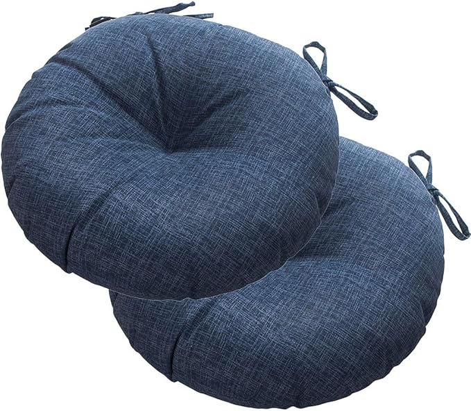 Magpie Fabrics Outdoor Round Bistro Seat Cushions with Ties, 15"x15"x4" Set of 2, Tufted Waterproof Barstool Chair Pads for Patio Home Garden Office, Navy Textured