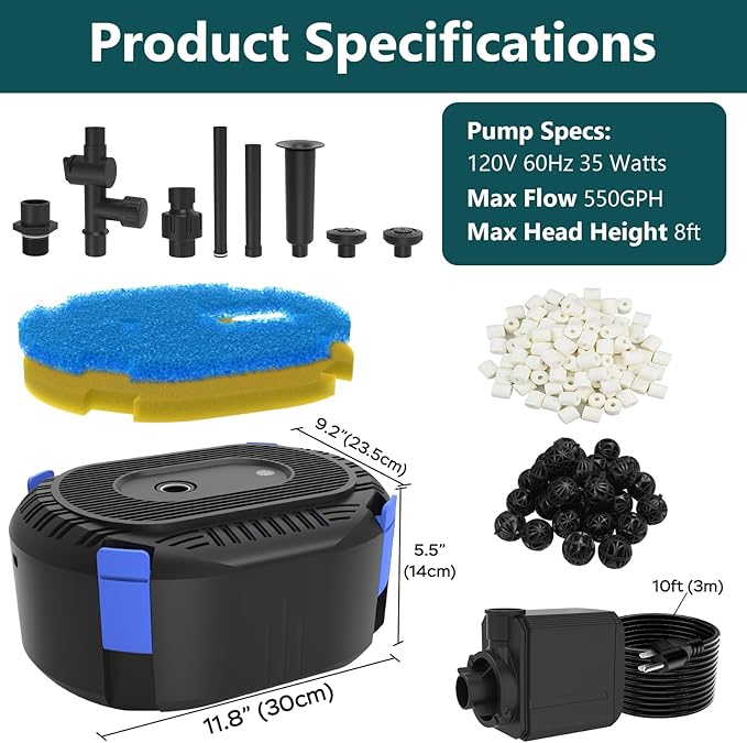 AquaMiracle All-in-One Fountain Kit with 3 Spray Patterns, Koi Pond Filters for Outdoor Ponds 350-500 Gal, 550GPH Pond Fountain Pump for Garden, Water Feature, Bird Baths
