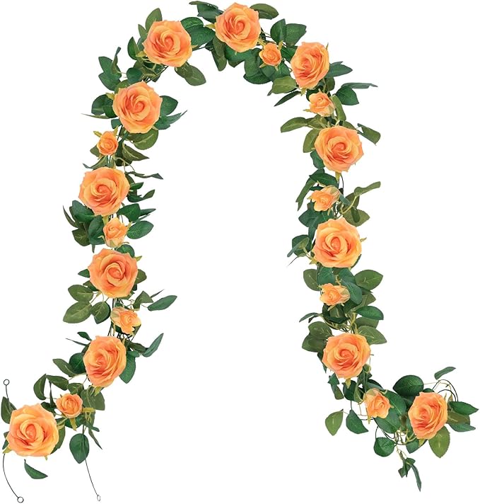 U'Artlines 3 Pack Artificial Orange Rose Vines Floral Garlands Total 19.5 Ft Fake Vine Silk Flower Garland for Indoor Outdoor Home Wedding Arch Garden Wall Decoration