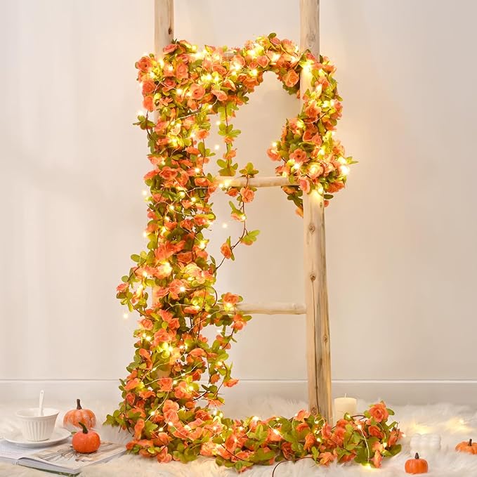 BLEUM CADE 5Pcs 41Ft Flowers Garland Artificial Rose Vines with 32.8Ft String Lights, Cute Fake Hanging Flower Vines Floral Garland Decorations for Wedding Party Wall Room Decor Aesthetic