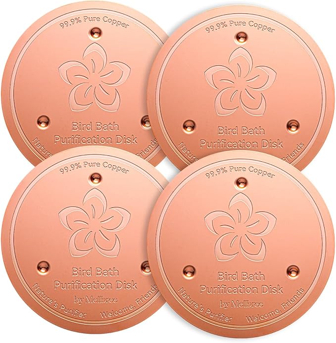 Mellbree 4-Pack Bird Bath Copper Disk, 0.6mm Reinforced 99.99% Pure Copper Cleaning Disk with Triple-Point Support for Physical Safe Clean Water All-Season (Flower)