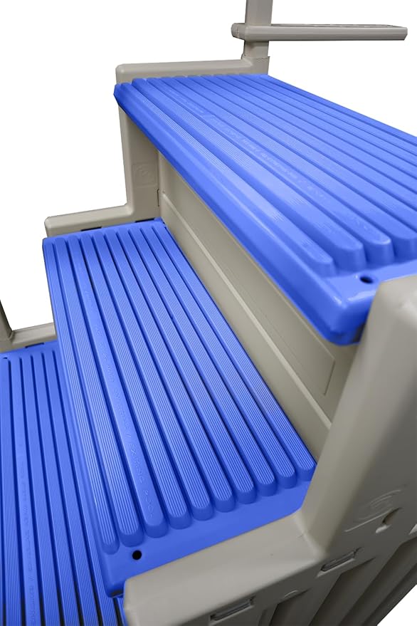 Confer Plastics Step-1X Above Ground Pool Entry System – Dual Handrails, Slip-Resistant Steps, Supports 400 lbs, Easy Installation, Warm Grey with Blue Treads, Made in USA