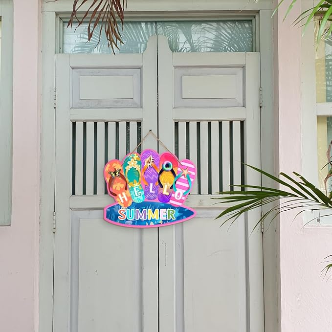 Summer Decor Welcome Door Sign Slippers Hanging Sign Summer Wall Decor Welcome Hello Flip Flop Door Sign Hello Summer Dopamine Decor Rustic Wood Hanging Plaque Yard Garden Decoration with Rope