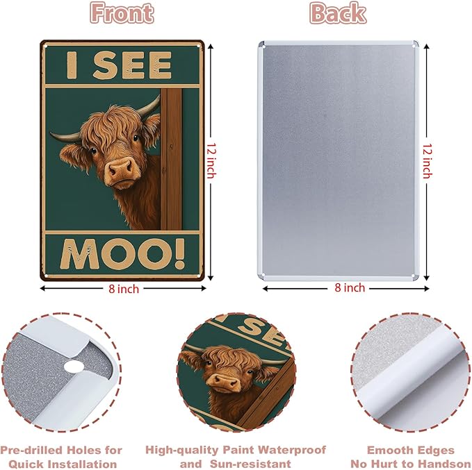 MAMAGIFTREE Funny Highland Cow Tin Sign for Bathroom Wall Decor, Funny Christmas Gifts I SEE MOO! 8x12 Inch Metal Signs, Vintage Farmhouse Wall Art Rustic Western House Decor, Cow Gifts for Man Cave