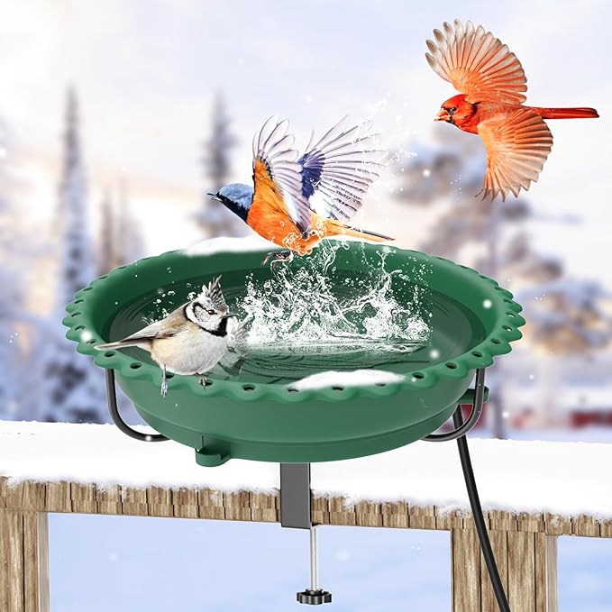 Heated Bird Bath for Outdoors, Upgraded 100W Thermostatically Controlled Heated Bird Baths for Deck Railing Large Capacity Heated Birdbath for Outside Winter Garden Yard Patio Lawn (Green)