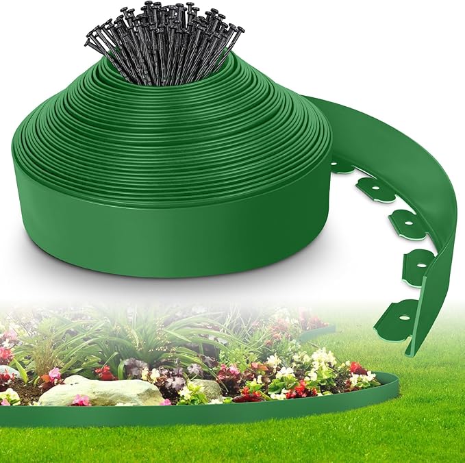 4-Inch x 50 FT Landscape Edging Border with 75 Spikes, Garden Edging Lawn Border Kit, Plastic Edging Border Flexible for Garden Flower Beds Lawn Yard Pathway Paver Edging (Green)