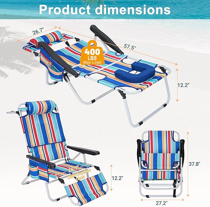 ABORON Tanning Chair with Face Hole, 5-Position Adjustable Reclining Beach Lounge Chair, Folding Face Down Sun Lounger for Beach, Poolside, Patio, Lawn, Home(Multicolor Stripes)