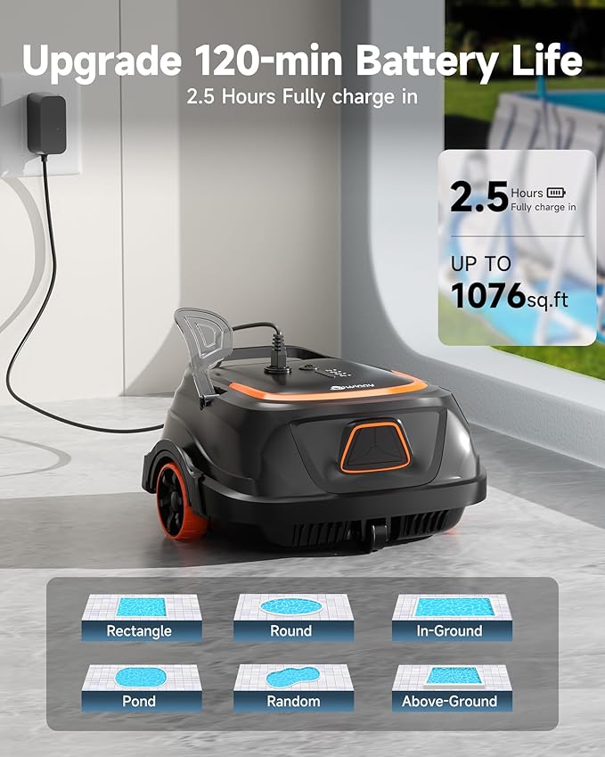 (2026 Upgraded) A1 Cordless Robotic Pool Vacuum for Above Ground Pools, 120-Min Runtime, Powerful Suction with 180µm Dual Filtration, LED Indicator & 2.5h Fast Charging