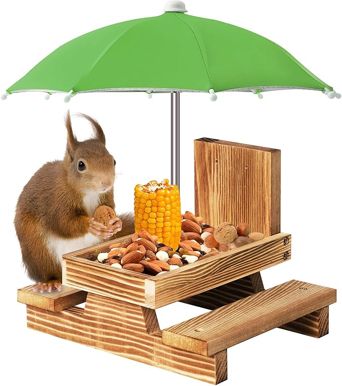 Gnodary Squirrel Feeder with Umbrella, Squirrel Feeders for Outside, Squirrel Picnic Table Feeder - Chipmunk Feeder Hold Corn, Corn Cob, Peanuts Style2 (Green)