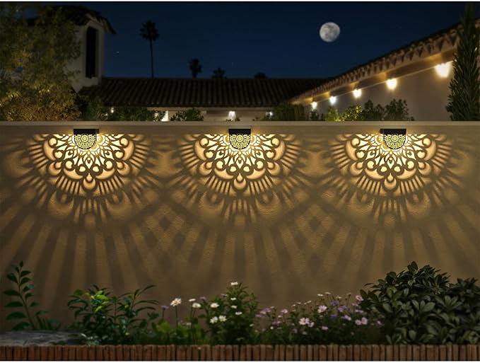 6 Pack Solar Fence Lights Outdoor Wall Lights Plastic Solar Powered Deck Step Stair Lights Moon Theme Waterproof Fence Solar Light for Garden Post Patio Backyard Yard Decor (Black, 6 Pack)