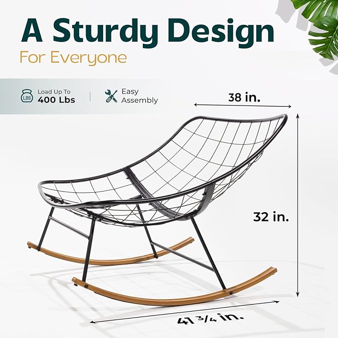 Bme Patio Rocking Chair Outdoor and Indoor, Modern Metal Lounge Rocker with Thick 7'' Cushion, 400lbs Capacity, Ergonomic Design, Easy Assembly, Beige Cushion - Wood Texture Rocker