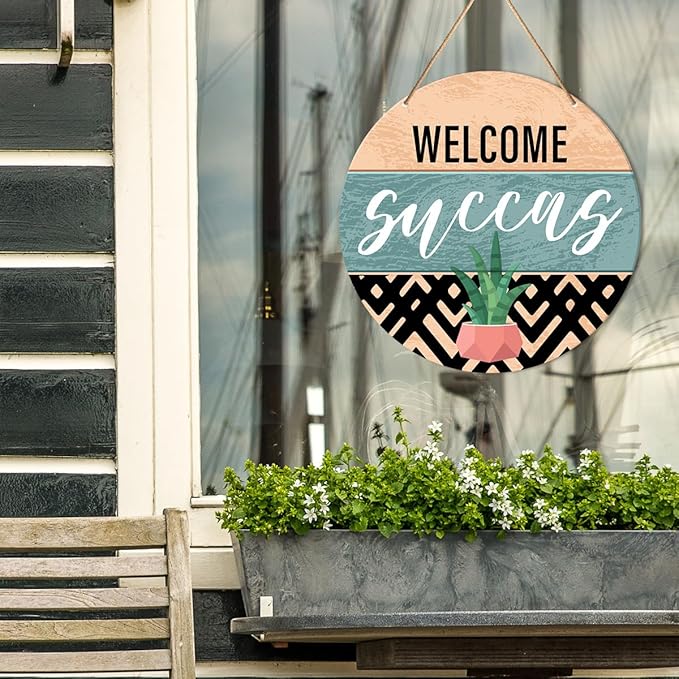 Muktoujaumai Welcome Sign Front Door Decor, Welcome Round Hanging Sign Decor Boho Decorations Succulent Wall Wood Sign for Door, Porch, Home, Plant Lover Gift, Welcome Succas