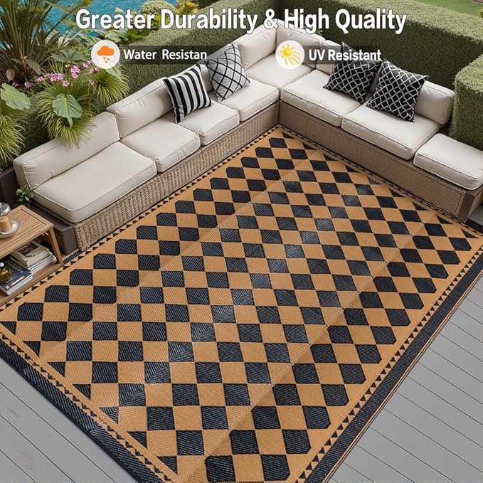 HUGEAR Outdoor Waterproof Rug 8'x10' Plastic Straw Rugs Washable Reversible Floor Mat Brown Plaid Carpet for Camping RV Deck Entryance Porch Picnic Balcony Beach Backyard