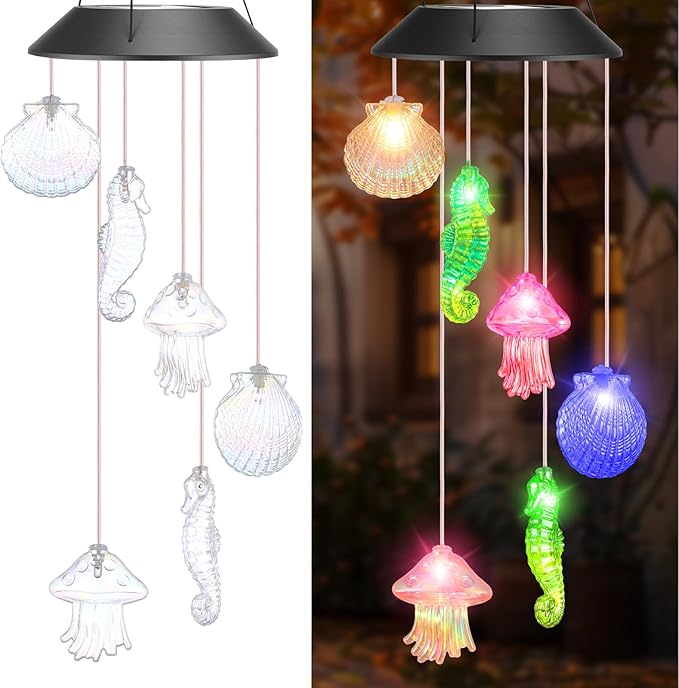 VIHOSE Solar Wind Chimes Lights Outdoor, Color Changing Hanging Solar Wind Chime, Seashell Starfish Mobile LED Lights for Outside Garden Yard Patio Decor, Waterproof