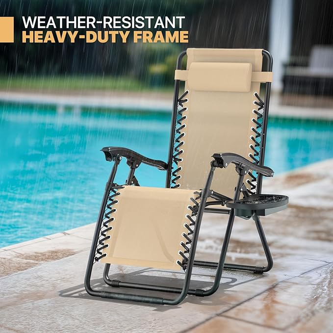 Magshion Zero Gravity Lounge Chairs Set of 2, Outdoor Patio Reclining Chair with Side Tray, Adjustable Anti-Gravity Recliners with Pillow Headrest, Folding Lounger for Lawn Camping Beach, Cream