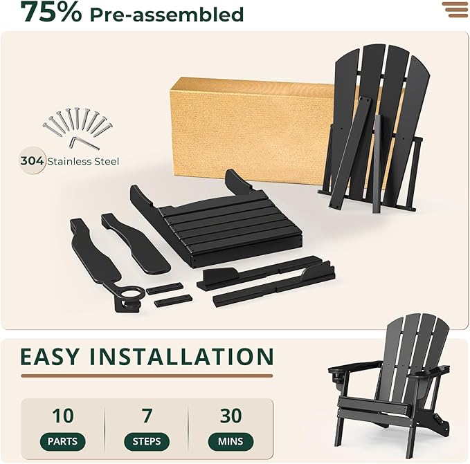 BRIOPAWS Folding-Adirondack-Chair | HDPE Plastic | Fire Pit Chairs | Cup Holder | Curved Back | All Weather | for Outdoor Backyard Deck Patio | Black