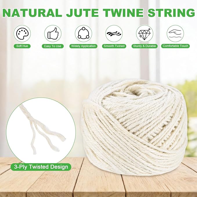 2-Pack Natural Jute Twine String, 3mm x 328ft/100m Long Garden Twine Balls for Crafts/Gift Wrapping/Gardening Plants, Durable Plant Ties Thick Rope [White]